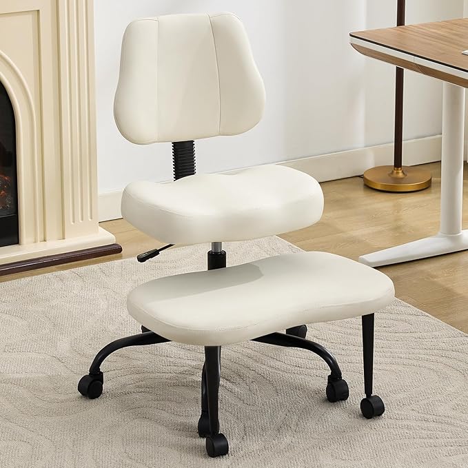 Ergonomic Criss Cross Legged Office Chair, ADHD Chair, Wide Height Adjustable Seat 360° Swivel Footstool with Wheels, PU Leather Meditation Kneeling Chair, for The Restless Home Workers, Beige