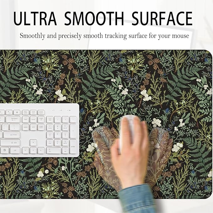 Dark Green Plant Large Mouse Pad 31.5x15.7inch, Vintage Green Fern Leaves Botanical Cottagecore Mouse Pads for Wireless Mouse Computers Laptop Desk Accessories, Plant Desk Accessories