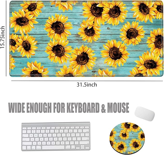 Gaming Mouse Pad Large Mousepad Sunflower Desk Mat XXL Big Desk Pad Rubber Base Computer Pad with Stitched Edges Mouse Mat for Work Game Home Office