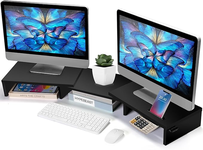 Dual Monitor Stand Riser for 2 Monitors, Monitor Stand for Desk, Adjustable Length & Swivel Angle Wooden Desktop Organizer Stand Riser with Smartphone Holder for PC Monitor Laptop, Black