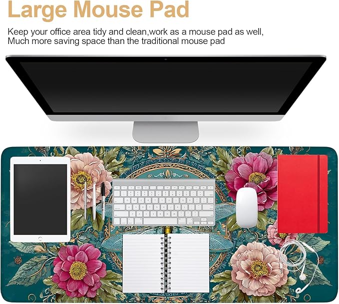 Large Mouse Pad & Keyboard Mat 35x16 Inches, Vintage Peony and Gold Dragonfly Floral Art Non-Slip Rubber Base Desk Mat, Large Extended Desk Protector for Home Office Gaming Setup