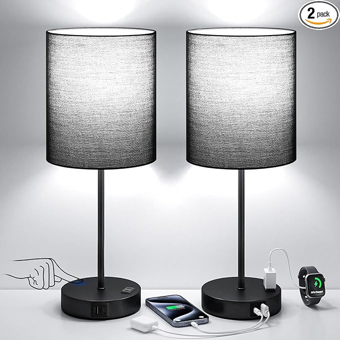 Black Touch Lamps for Nightstand Set of 2 - Bedside Table Lamp for Bedroom with Dual USB Ports & AC Outlet, 3-Way Dimmable Lamps for Living Room Boys Room, Night Light with 5000K Daylight Bulbs