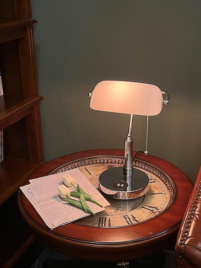 FIRVRE Bankers Lamp, White Glass Desk Lamp with Wireless Charger and 2USB Charging Port,Pull Chain Switch Lamp with Metal Base,Modern Reading Table lamp for Home Office, Piano, Library