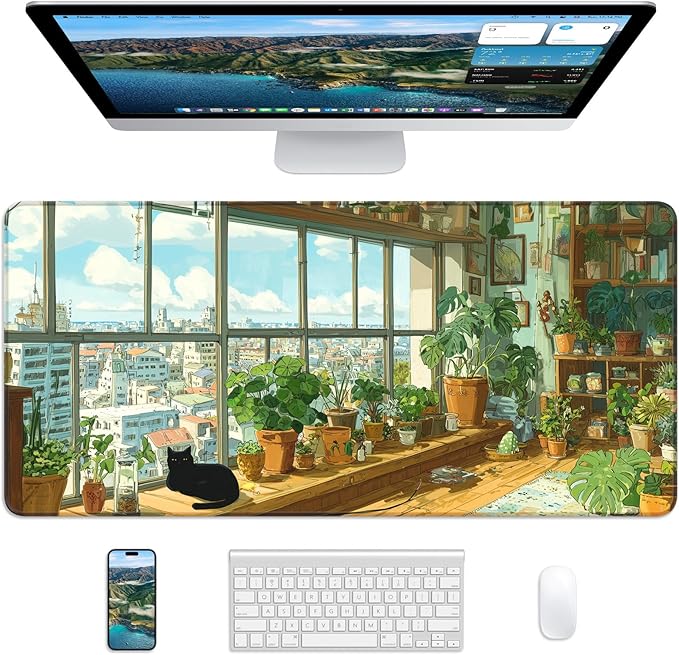 XL Gaming Mouse Pad, 31.5x15.7'' Large Desk Mat with Anti-Slip Rubber Base & Stitched Edges for Gaming, Office, Home, Greeny Cottage