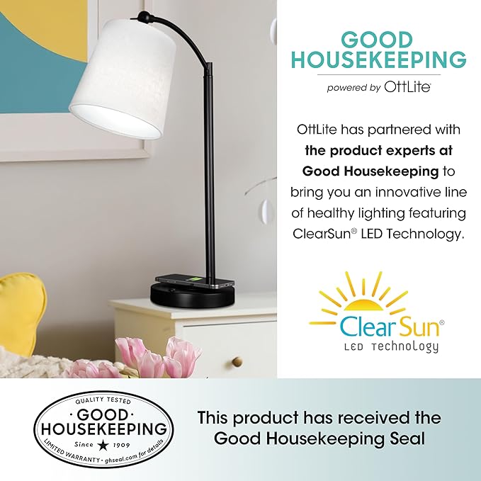 OttLite Good Housekeeping Shaded LED Desk Lamp with Wireless Charging Pad - Designed to Reduce Eyestrain - Adjustable Shade, Replaceable ClearSun LED Bulb, Crafting, Reading Light, Desk Lamp