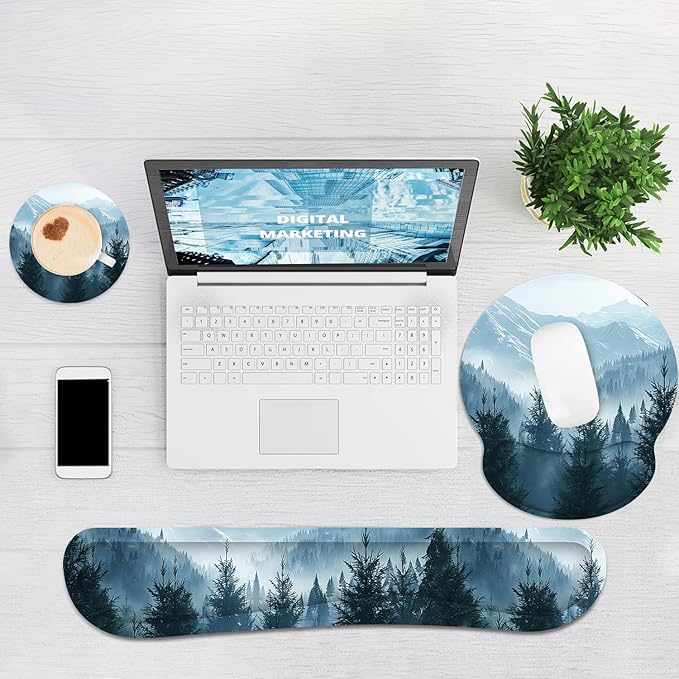 Ergonomic Mouse Pad with Wrist Rest and Keyboard Wrist Rest, Mousepad and Wrist Rest for Computer Keyboard, Non-Slip Rubber Base, Mouse Pad with Wrist Support for Gaming, Cloud Forest