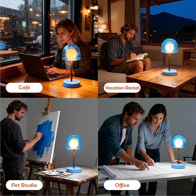 Small Lamp Battery Operated, Bathroom Shower Lamp IP44, Cordless Blue Light Desk Dimmable, Rechargeable Lamp Mushroom, Boy Cool Desk Lamp for Nightstand Nursery, 7.7" W x 10.6" H (Sky Blue)