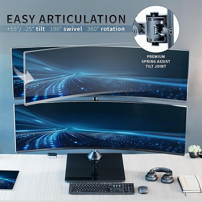 VIVO Pneumatic Arm Dual Ultrawide Monitor Desk Stand for Up to 49 inch Screens with Tempered Glass Base, Holds 2 Ultra Wides Up to 30.8 lbs, Black, STAND-V249FG
