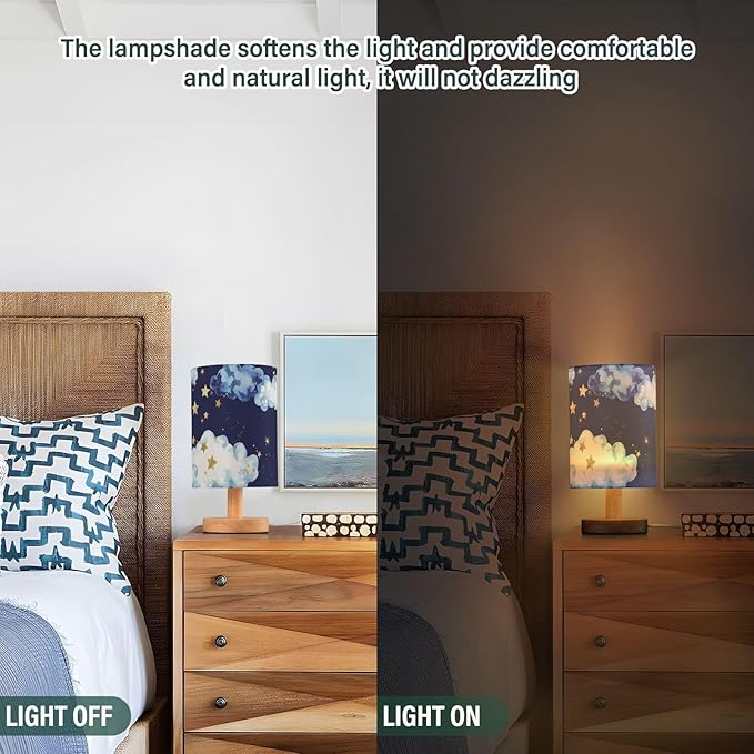 Starry Sky LED Table Lamp, Bedside Lamp with Linen Lampshade, Flicker-Free Eye Care USB Plug in Nightstand Lamp, for Bedroom and Office