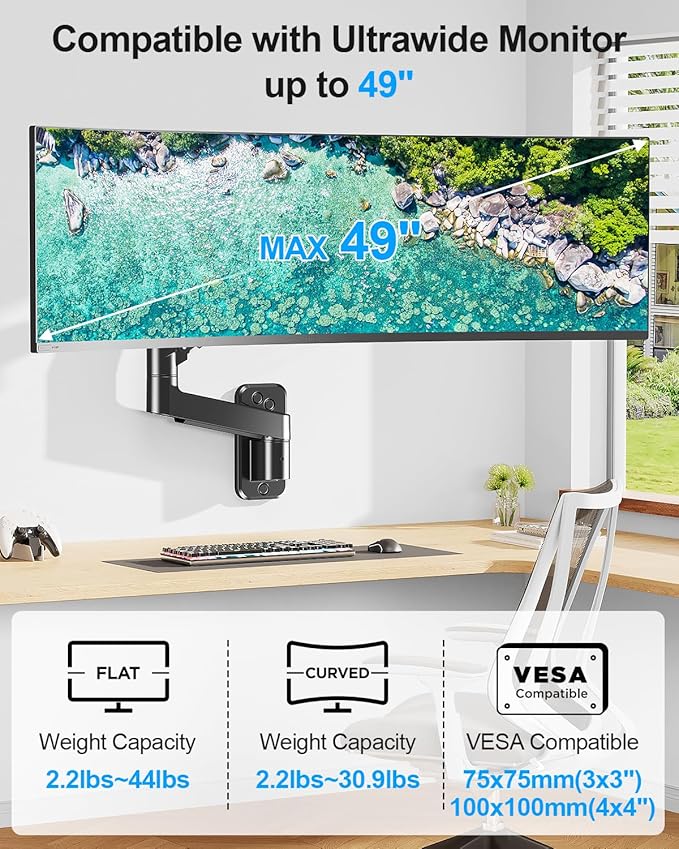 Monitor Wall Mount fits 22"-49" Ultrawide Flat & Curved Screens, Heavy Duty Single Monitor Wall Arm Holds 2.2 to 44 lbs, Full Motion Adjustable Wall Bracket, VESA Mount 75x75mm/100x100mm