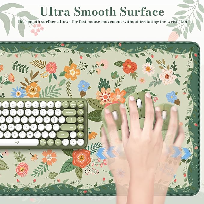 iCasso Floral Desk Mat for Keyboard and Mouse,Cute Gaming Mouse Pad XXL,Anti-Slip Desk Matt for Desktop,Soft Lycra Surface Computer Mat Women,Girly Big Mousepad for Home Office (Green Floral)