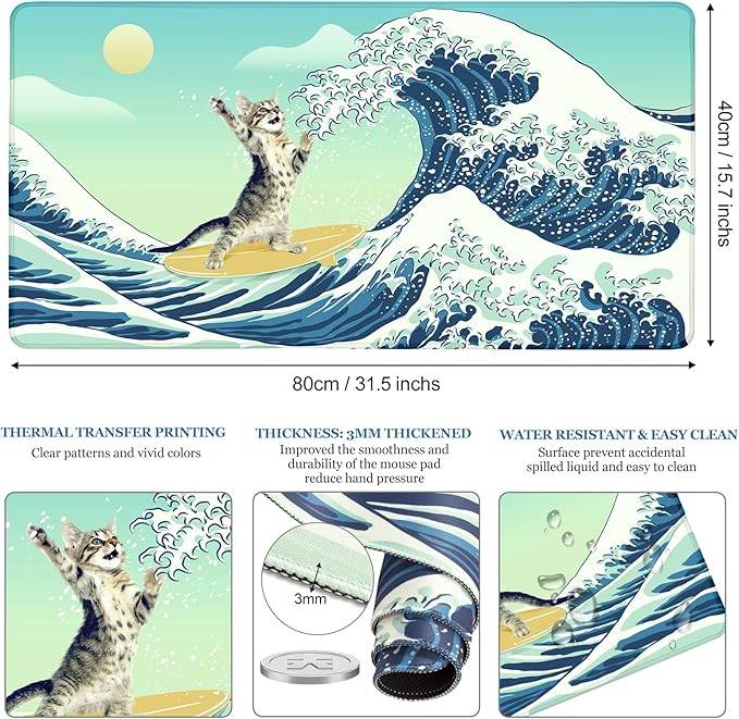 Funny Cat Desk Mat, Desk Matt for Desktop, Surfer Cat DeskPad Mat, XXL Large Mouse Pad for Desks, Anti-Slip Big Mousepad with Stitched Edges, Keyboard Mats for Computer, Work, Office, Game, Home