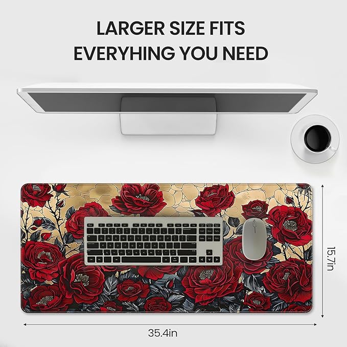 XXL Large Gaming Mouse Pad, 35.4 x 15.7 inches, with Non Slip Rubber Base, Extended Keyboard Pad for Home Computer Office Workstations, Large Laptop Mouse Pads Red Roses