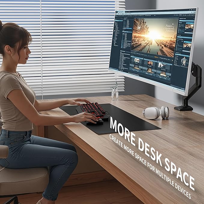 Single Monitor Arm Desk Mount，Gas Spring Monitors Arm for 17-32 inch Screens,Adjustable Computer Monitors Stand up to 4.4 to 19.8 lbs,Vesa Mount with Clamp and Grommet Base, VESA 75 & 100mm,Single