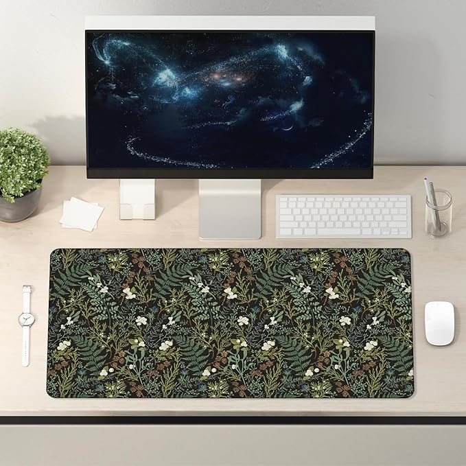 Dark Green Plant Large Mouse Pad 31.5x15.7inch, Vintage Green Fern Leaves Botanical Cottagecore Mouse Pads for Wireless Mouse Computers Laptop Desk Accessories, Plant Desk Accessories