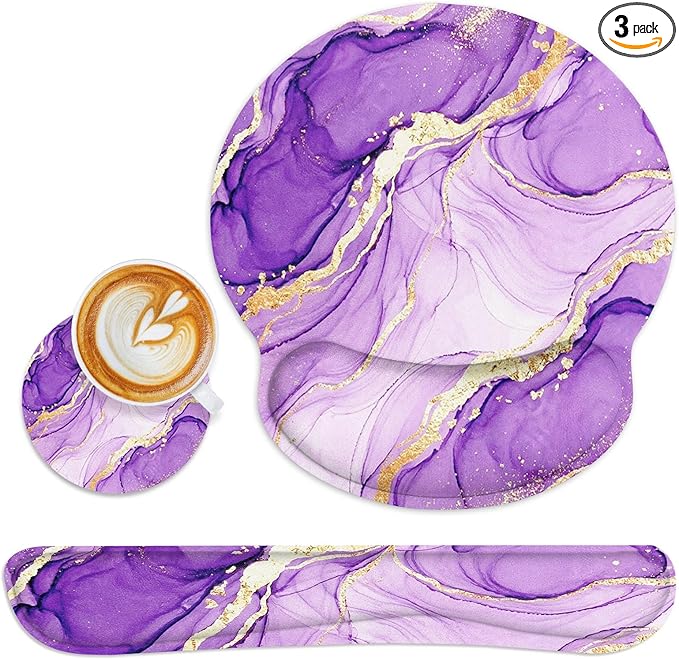 Britimes Purple Gold Marble Ergonomic Mouse Pad Set with Wrist Rest Non-Slip Rubber Base Wrist Cushion Support and Coasters Mousepad with Wrist Support for Computer Keyboard and Desk