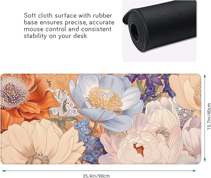 Desk Mat, Aesthetic Dark Flowers XXL 35.4"x15.7"Large Gaming Mouse Pad, 3mm Thick Gaming Keyboard Pad,Desk Pad Non-Slip Rubber Base with Stitched Edges for Office Game Home Decor