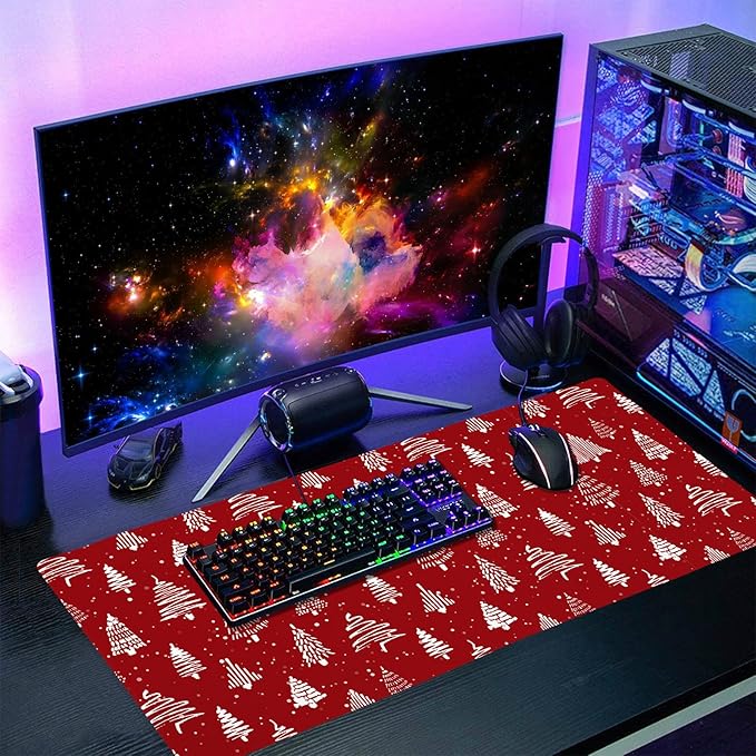aportt Red Christmas Mouse Pad Christmas Tree Xmas Holiday Winter Extended Desk Mat 90X40 CM Non-Slip Rubber Base Stitched Edge Large XXL Mousepad for Gaming Laptop Computer Desktop 35.4×15.7 Inch