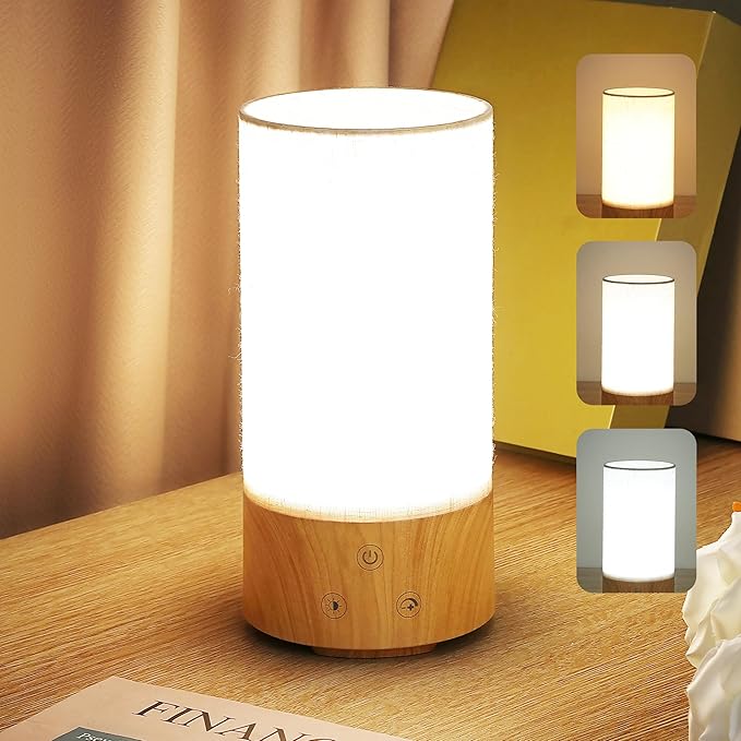 Light Therapy Lamp, Happy Lamp 10,000 LUX UV Free with 3 Color Temperature & 5 Brightness Level, Full Spectrum Light Wood Base Round Flaxen Fabric Shade for Home, Office, 4" × 8.4”