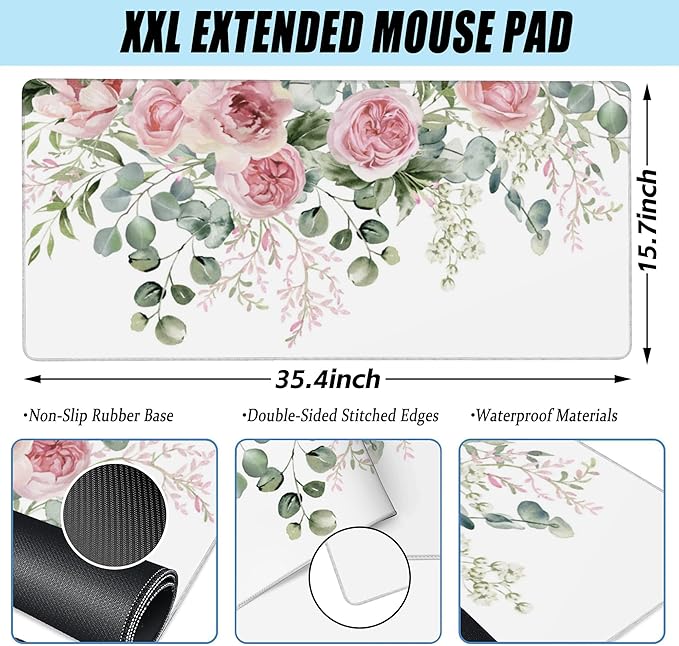 Desk Mat,Peony Flowers and Eucalyptus Leaves Large Gaming Mouse Pad for Desk XXL,Pink Floral Desk Pad,Extended Big Computer Keyboard Mouse Pad with Non-Slip Base Stitched Edges 35.4"x15.7"