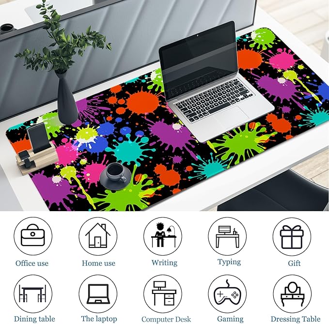 Desk Mat, Desk Matt for Desktop, Neon Paint Splatter XXL Large Gaming Mouse Pad with Non-Slip Rubber Base Stitched Edges Waterproof Keyboard Desk Pad for PC Gaming, Laptop, Computer, Work, Office