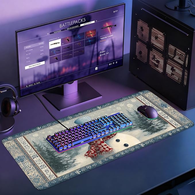 Desk Mat, XXL Extended Gaming Pad for Desktop, 31x12 Inches Winter Snowman in Snowy Forest, Large Non-Slip Vegan Leather Surface with Stitched Edges, Keyboard Mouse Mat for Home Office
