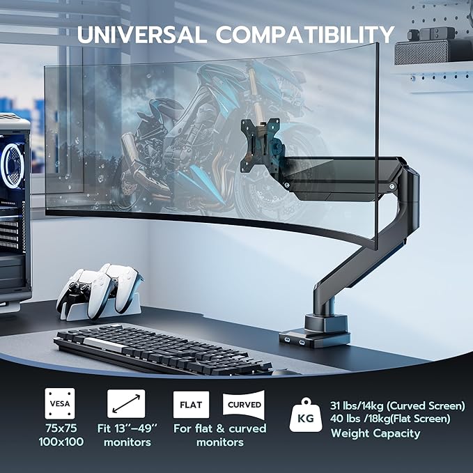 ARES WING Single Monitor Arm, Heavy Duty Adjustable Monitor Arm for 13"-49" Screens with USB, Gas Spring Desk Mount Stand with C Clamp/Grommet Mounting Base up to 40lbs Computer, Black