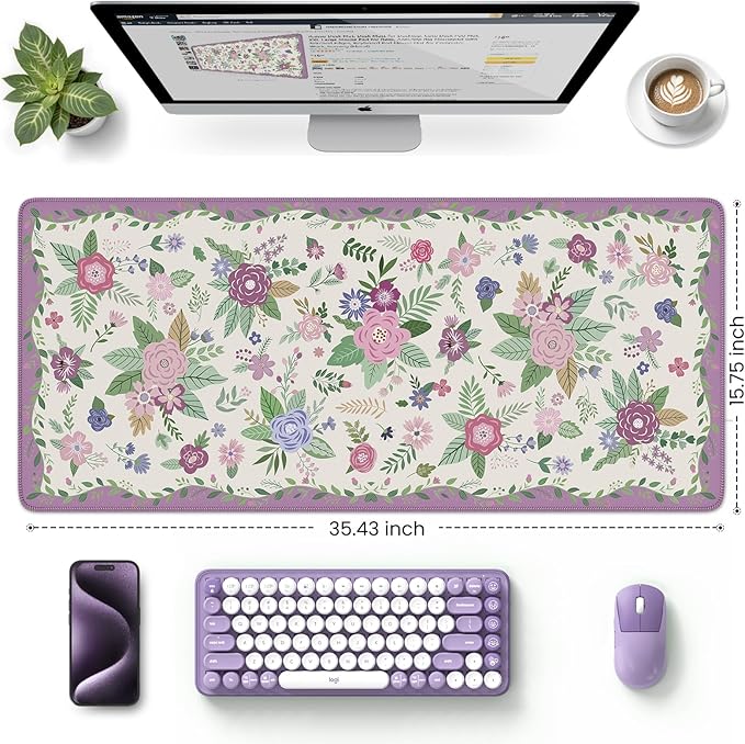HAOCOO Purple Floral Desk Mat for Keyboard and Mouse, Non-Slip Large Mouse Pad with Stitched Edges, Computer Mats for Desk, Waterproof Keyboard Mat Protector for Woman, Office Present