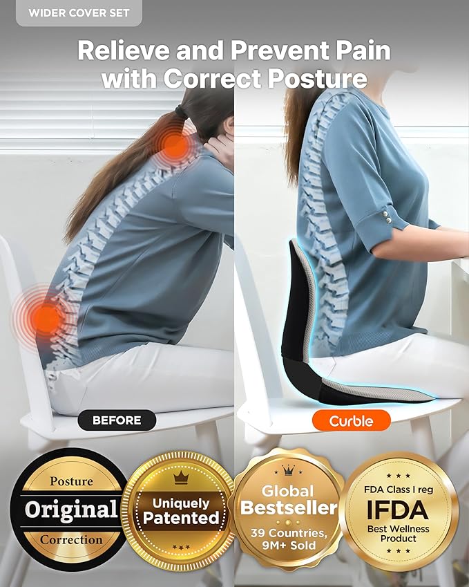 curble Wider(Standard Wide) Cover Set – Lower Back Support Chair with Detachable Cover, Lumbar Support Back Posture Corrector, Back Pain Relief (Set Grey)