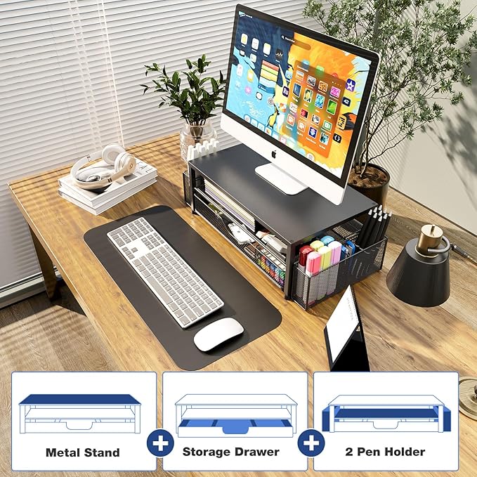 OPNICE 2-Tier Monitor Stand Riser – Black 2-Pack