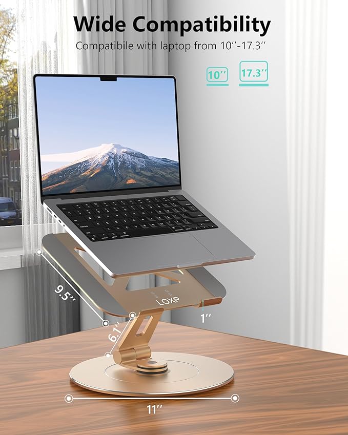Ultra-Stable Aluminumy Laptop Stand for Desk with Foldable Phone Holder, 300% Large Base Stability, Anti-Loosening, Lectern Stand Suitable for 10"-17.3" Laptops, Champagne Golden