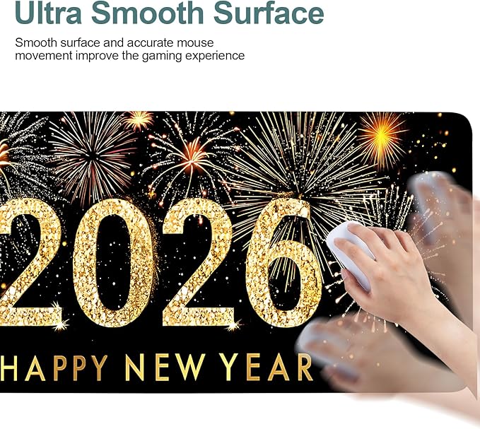 Happy New Year - 2026 Extended Gaming Mouse Pad 31.5x11.8inches Large Desk Mat Anti-Slip Rubber Base & Durable Stitched Edges for Gamers Smooth Mouse Writing Surface for Desk Office/Home