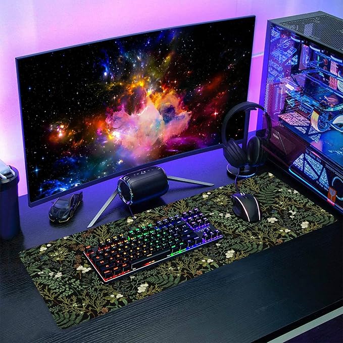 aportt Black Aesthetic Vintage Botanical Gaming Mouse Pad XL Cute Forest Green Plant Nature Floral Extended Large Big Mousepad Non-Slip Stitched Edge Long Mat for Desk Office Computer,31.5×11.8 in
