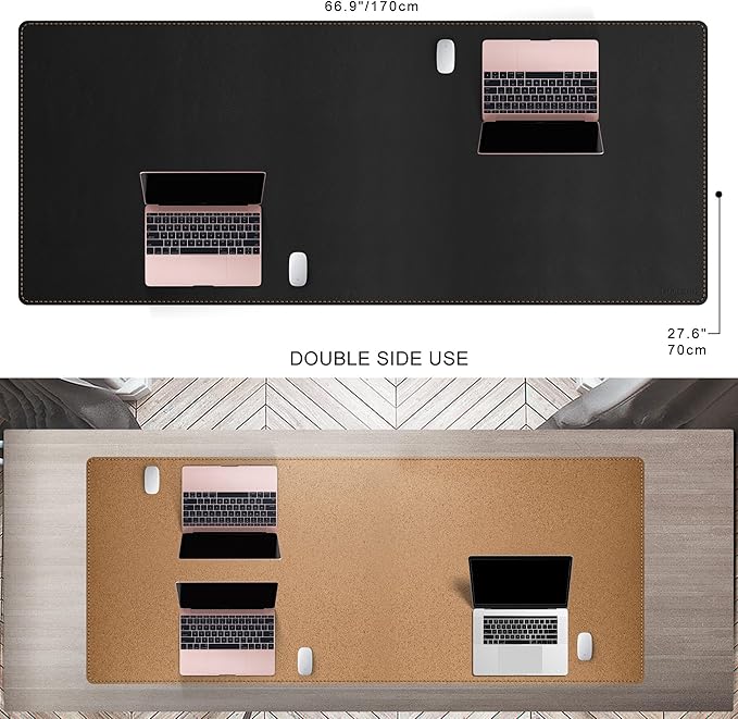 MAIDERN 67”x 27.5” Leather Desk Mat XXL, Large Desk Pad, Reversible Cork & Leather Large Mouse pad for Desk, Waterproof Computer Desk Mat for Gaming Home Office (Black)