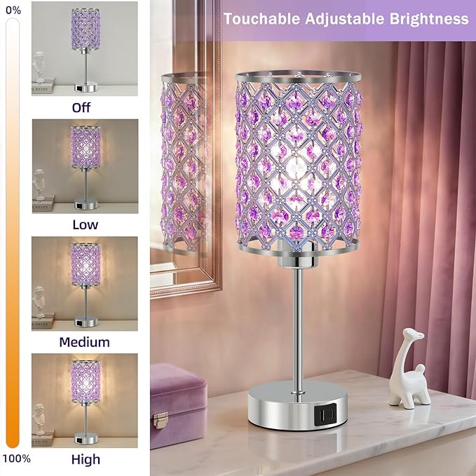 GyroVu Purple Crystal Table Lamp with USB C+A Ports, Dimmable Touch Control Bedside Lamp with LED Bulb, Small Night Light for Bedroom, Living Room, Girls Room, Office