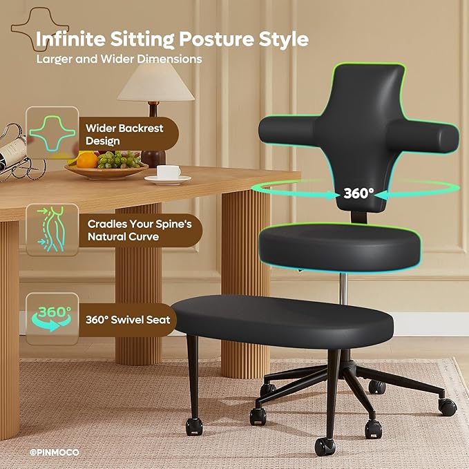 Ergonomic Cross Legged Office Chair Extra Wide for Focus and Meditation, Kneeling Chair with 360° Swivel Wheels and Reversible Seating, Adjustable Height and Seat Depth, PU Leather, Black