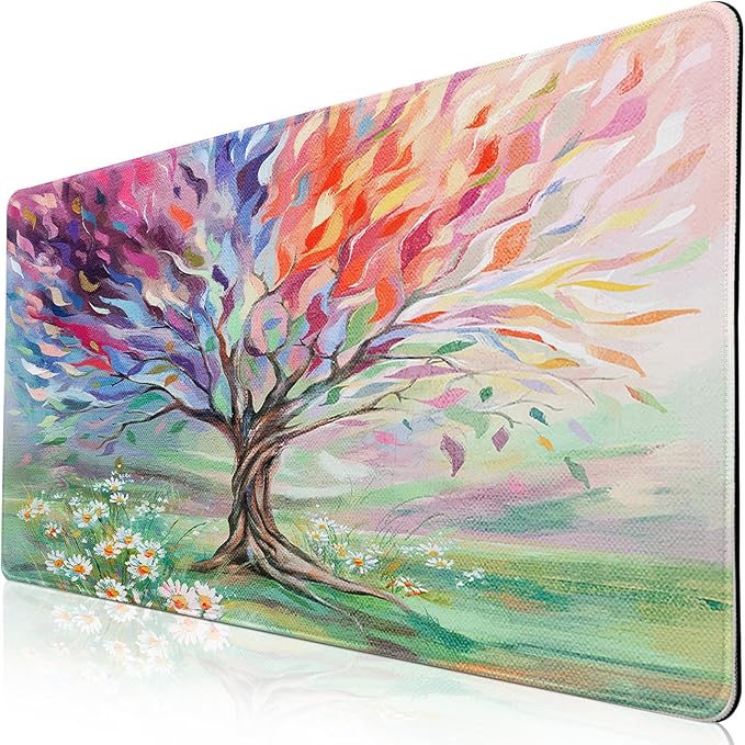 Desk Pad Oil Painting Tree, Desk Matt for Desktop, Seasons Tree of Life Gaming Mouse pad Extend XXL Large Anti-Slip Stitched Edges Waterproof Computer Laptop Keyboard Mat for Game, Home, Work, Office