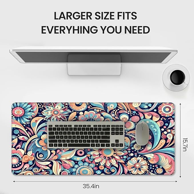 XXL Gaming Mouse Pad, Bohemian Floral Pattern, 35.4 x 15.7 Inches, Microfiber Cloth, Non-Slip Rubber Base, Extended Desk Mat