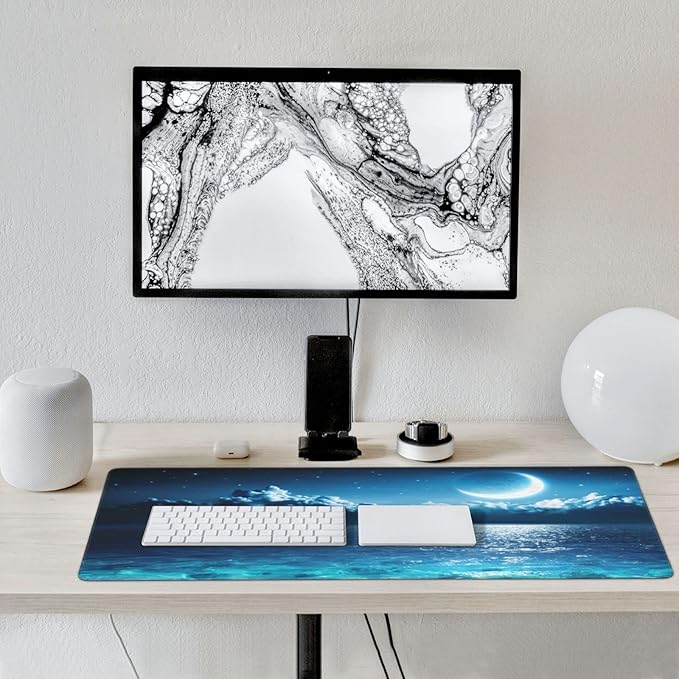 Gaming Mouse Pad,Large Mouse Pads for Desk,Non-Slip Rubber Base Extended Mousepad,XXL Keyboard Mouse Mat,Computer Keyboard Desk Pad with Stitched Edges,35.4x15.8inch,Romantic Moon On Sea