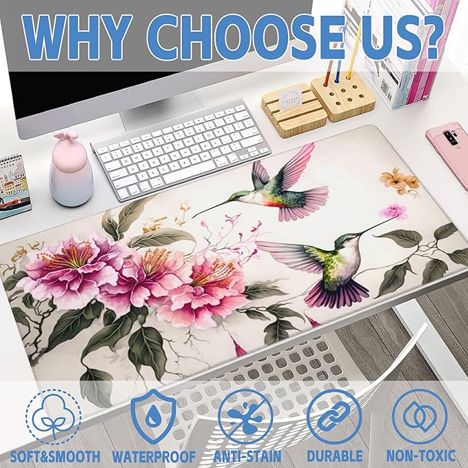 Desk Mat,Colibri and Pink Flowers Large Gaming Mouse Pad for Desk XXL,Birds and Floral Desk Pad,Extended Big Computer Keyboard Mouse Pad with Non-Slip Base and Stitched Edge 35.4"x15.7"