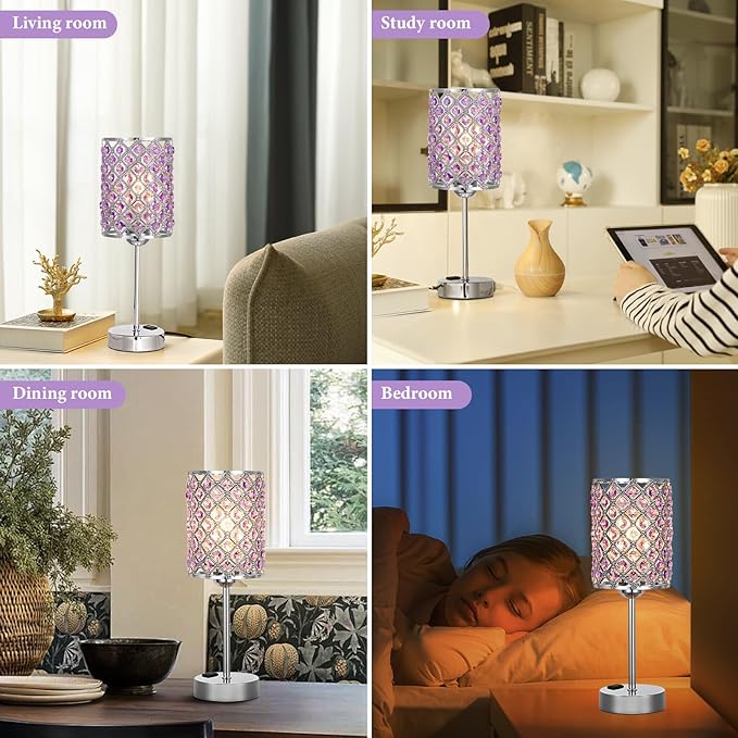 Hong-in Purple Lamps for Night Stands-Crystal Table Lamp with USB-C+A & AC Charging Ports, 3-Way Dimmable Nightstand Touch Lamp, Bedside Desk lamp for Bedroom Living Room Home Office
