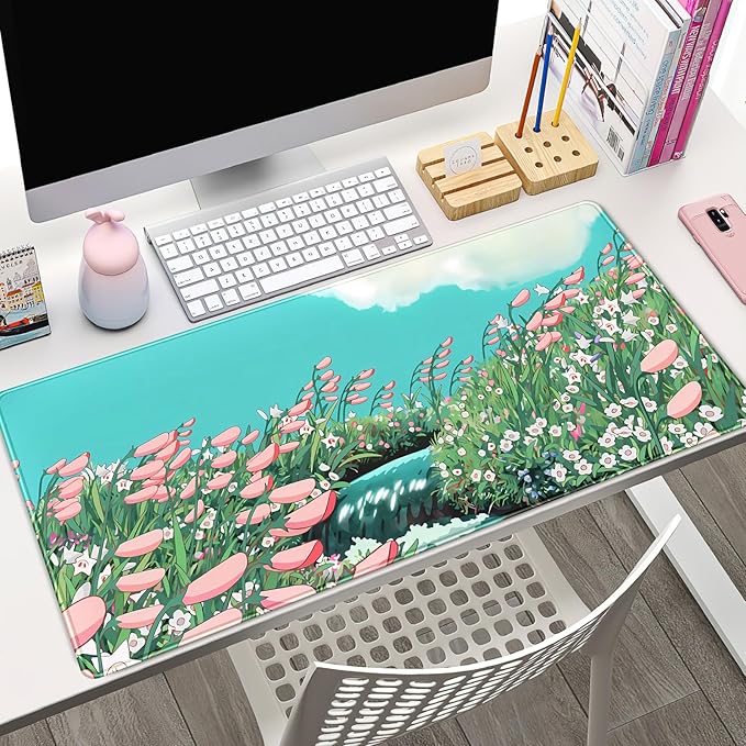Cute Anime Floral Desk Mat Sage Green Large Mouse Pad XL Gaming Mousepad Kawaii Desk Keyboard Pad Laptop Computer Mouse Mat Cute Desk Decor Desk Pads On Top of Desks for Desktop 31.5''X 15.7''