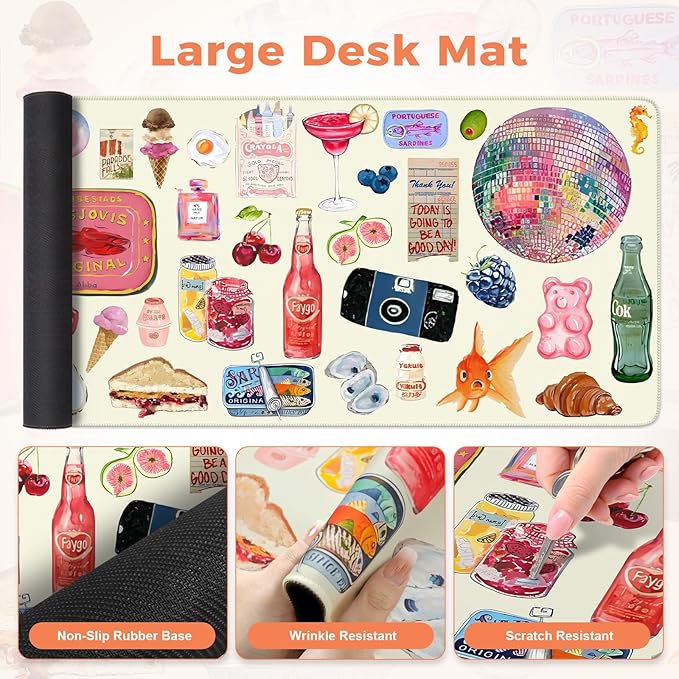iLeadon Large Desk Cover Mat, Non Slip Gel Mouse Pad with Wrist Support Extra Large, Computer Desk Mat with Keyboard Wrist Rest and Mouse Pad Set, Computer Mats for Desktop Women (Vintage Stickers)