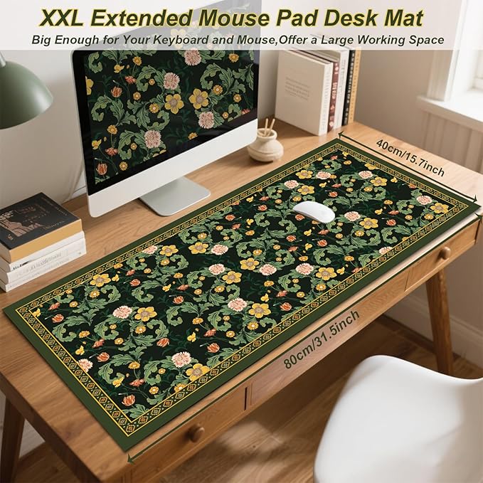 Desk Pad, ZAXOXAZ PU Leather Desk Pad Protector, 31.5" x 15.7" XXL Large Extended Flowers Mouse Pad, Big Desk Mat Floral Desk Blotter, Waterproof Desk Writing Pad for Office and Home(Green Flowers)