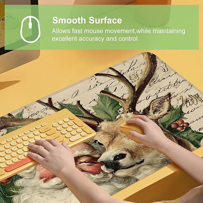 Desk Mat, XXL Extended Gaming Pad for Desktop, 35x16 Inches Santa and Reindeer Classic Scene, Large Non-Slip Vegan Leather Keyboard Mouse Mat for Home Office