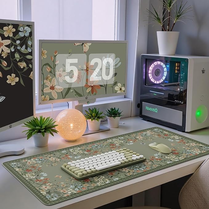 iCasso Desk Mat for Keyboard and Mouse,Large Keyboard Mat Non-Slip,Cute Desk Pad with Stitched Edges,Floral Mousepad for Women,Girly Computer Mat for Home Office Gaming(Sage Green)