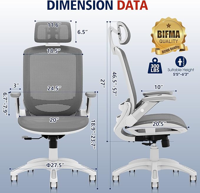 GABRYLLY Ergonomic Office Chair, High Back Home Desk Chair with Headrest, Flip-Up Arms, 90-120° Tilt Lock and Wide Cushion, 300LBS Mesh Chairs for Man Woman, White Task Chair(Dark Grey,GY01WDG)