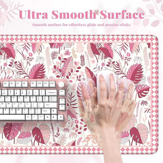 Large Mouse Pad for Desktop, Cute Desk Mat Pad Protector for Work & Gaming, Aesthetic Pretty Anti-Slip Laptop Blotter Cover for Office School Home Supplies, Pink Leaves, 35.4" x 15.7"