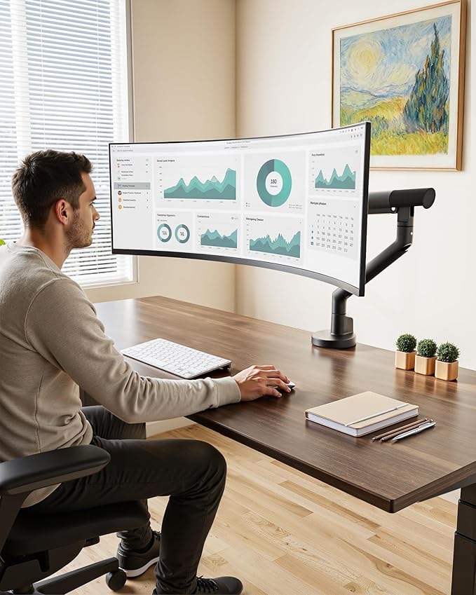 monTEK Single Monitor Arm for 17-40 Inch Screens, Heavy Duty Full Motion Monitor Mount Up to 24.3lbs, Aluminum Monitor Stand with VESA 75/100mm, C-Clamp/Grommet Base for Curved Screens