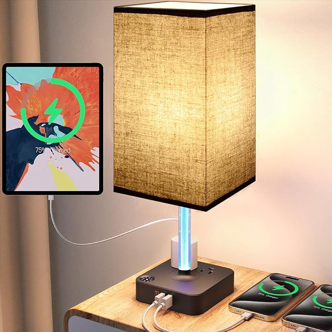 Bedside Table Lamp - Touch 3 Way Dimmable Lamp with 3 USB Charging Ports & 2 AC Outlets, Square Base Rectangular Flaxen Shade, Bedroom, Office, Dorm, Decor, LED Bulb Included (Black-Black)